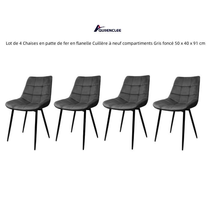 QUIIENCLEE Lot de 4 Chaises en patte de fer en flanelle Cuillère à neuf compartiments Gris foncé 50 x 40 x 91 cm