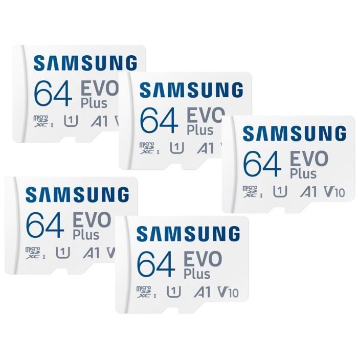 Lot de 5 Cartes Micro SD SamSung Evo Plus 64 Go SDXC U1 Classe 10 A1 TF  carte 130 Mo/s avec Adaptateur - Cdiscount Appareil Photo