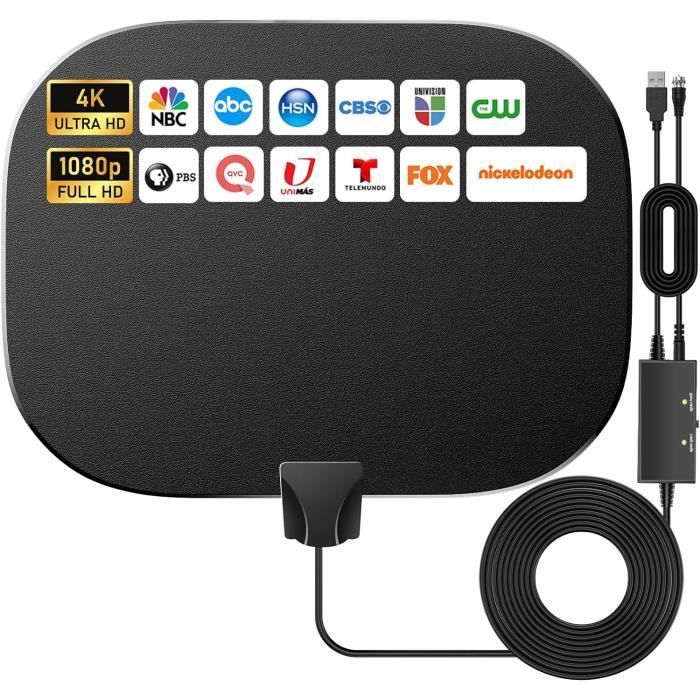 Antenne TV Intérieure TNT HD 4K 1080P Amplified - Réception 80-120 Km, Amplificateur Signal, Câble 5m Pour DVB-T/T2 DTMB VHF UHF FM