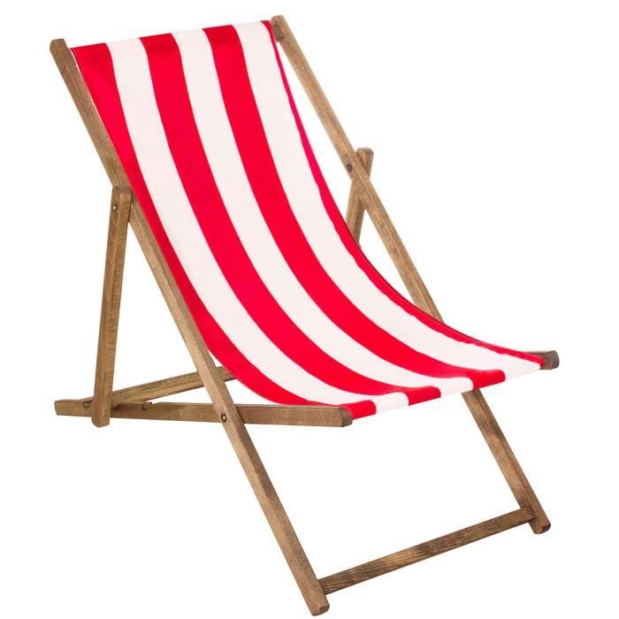 Chaise Longue Pliante En Bois De Hêtre - Dossier 3 Positions Réglables, Poids Max 120 Kg, Tissu Rayé Bleu Et Blanc, Pour Jardin Ou Plage