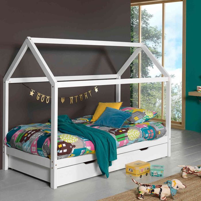 Lit cabane enfant en bois massif blanc 90x200 avec tiroir de lit - LT2024 - Blanc - Terre de Nuit Lit cabane enfant en bois massif blanc 90x200 avec tiroir de lit - LT2024 - Blanc - Terre de Nuit