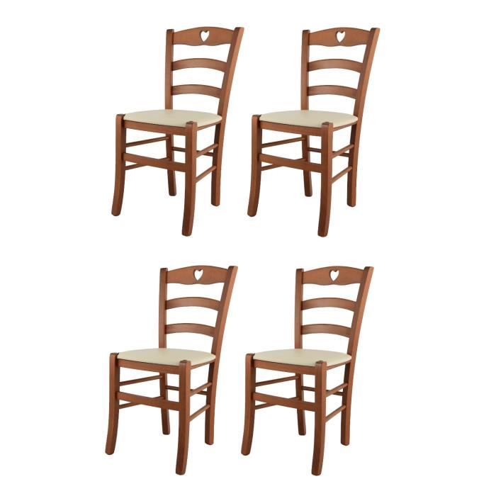 Tommychairs - Set 4 Chaises cuisine CUORE structure en bois de hêtre peindré cerisier assise en cuir artificiel ivoire
