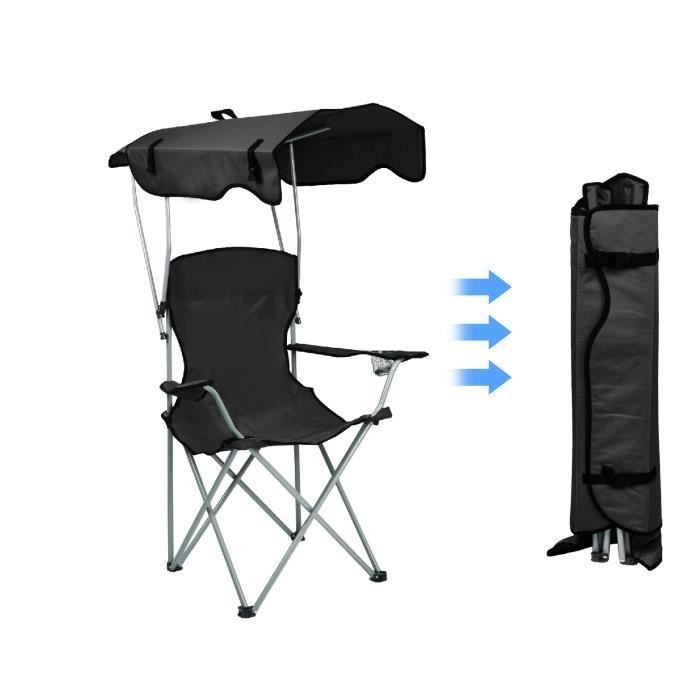 Noir Chaise de camping pliable avec parasol, Willonin® Fauteuil de Plage avec Accoudoirs, Sac de transport et Porte-gobelet