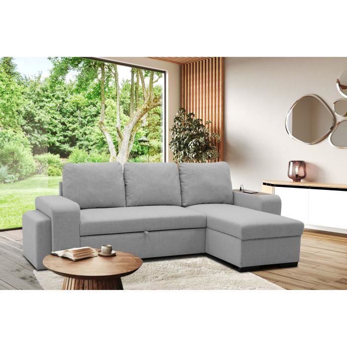 Canapé D'angle Convertible Gris Avec Box De Rangement Et Pouf - Occasion