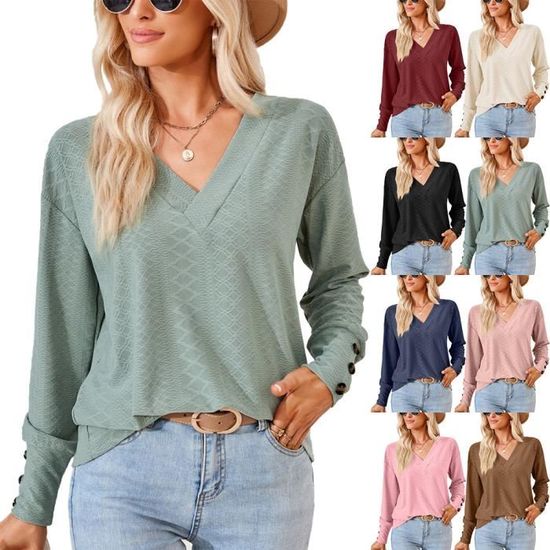 Pull Femme élégant Manches Longues Col V - Tissu Doux Et Chaud - Couleur Unie - Pour Automne, Printemps, Décontracté Ou Habillé - 4
