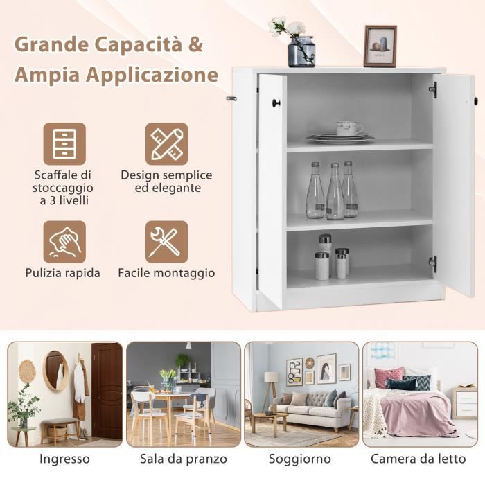 COSTWAY Buffet Bas 4 Portes 127cm - Meuble Rangement Salon Scandinave Avec Étagères Réglables