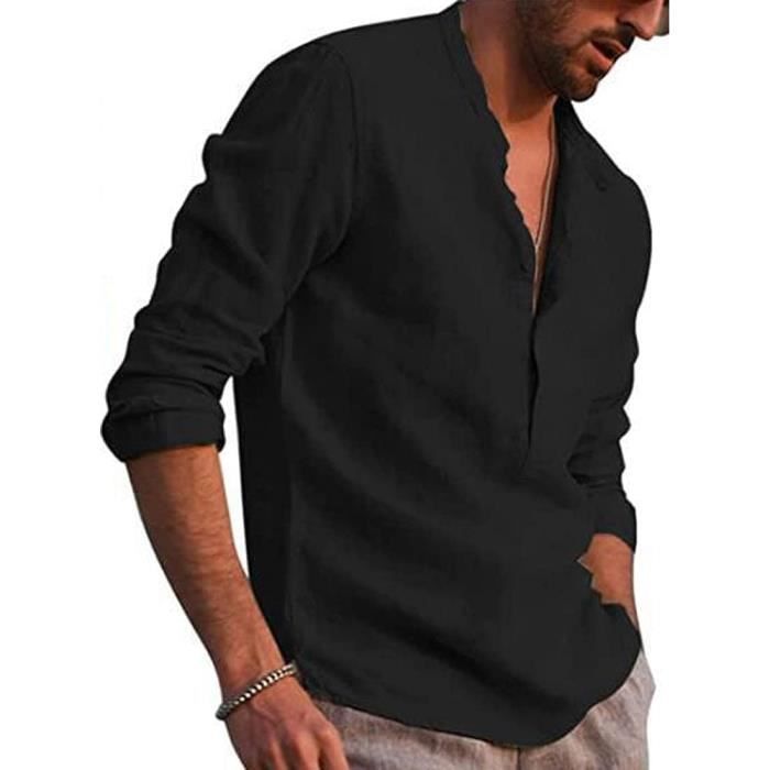Chemise Lin Homme AUTREMENT Manches longues Col mao Noir