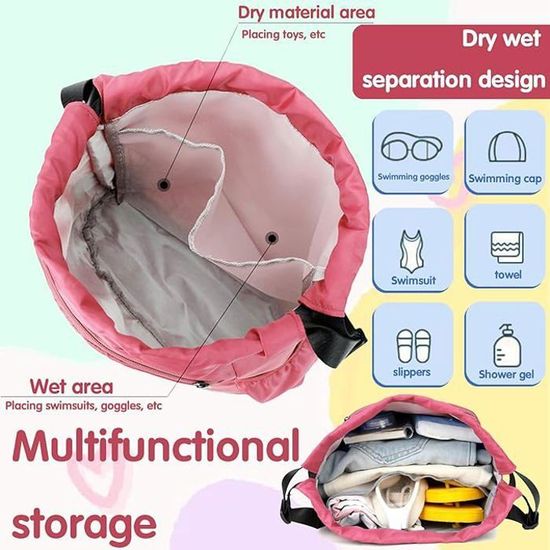 Sac De Natation Enfant KLVGTIFS - Sac à Dos à Cordon, Compartiment PVC Imperméable Pour Vêtements Mouillés, 36x25 Cm, Dinosaure Bleu