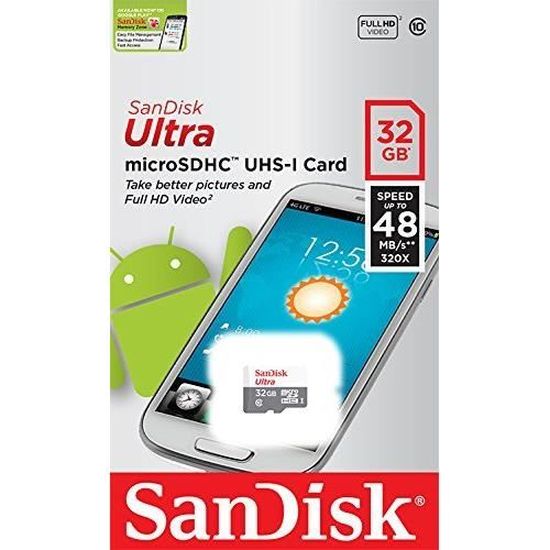 Carte Mémoire SDHC SanDisk Ultra 32 Go - Classe 10, UHS-I, Vitesse Lecture Jusqu'à 40 Mo/s - Garantie 10 Ans