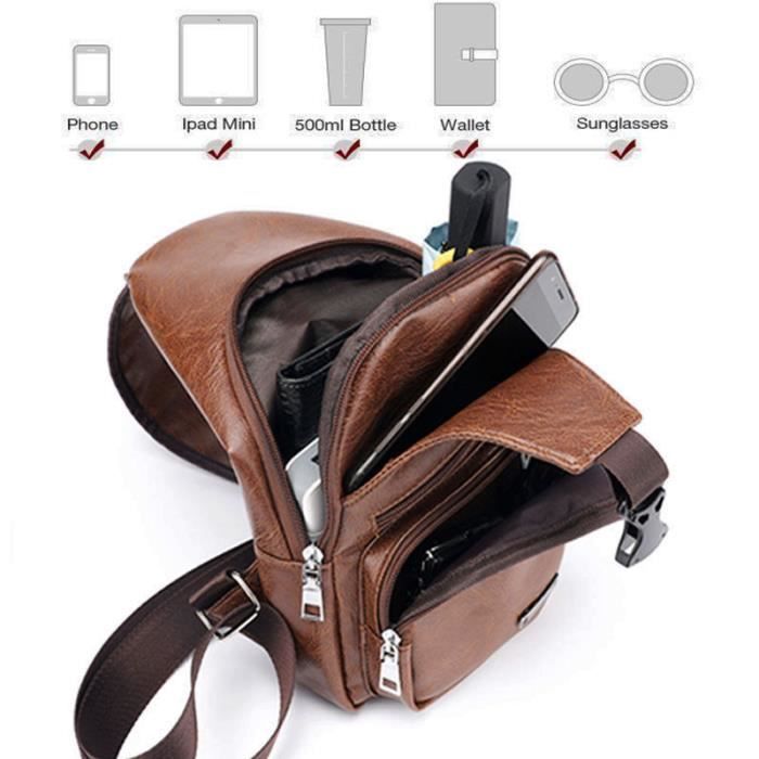 Sac Poitrine Homme Crossover Bag, avec Prise Casque de Charge USB Sac à  bandoulière réglable Sling