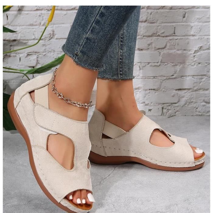 Sandales compens es femme Vintage REMYCOO Beige Talon 5cm