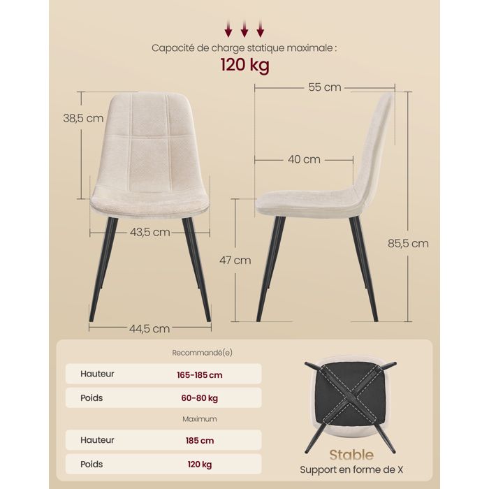 Lot De 6 Chaises Salle à Manger VASAGLE - Dossier Haut, Tissu Aspect Lin - Gris Tourterelle - 58x48x100 Cm - Charge 120 Kg - 1