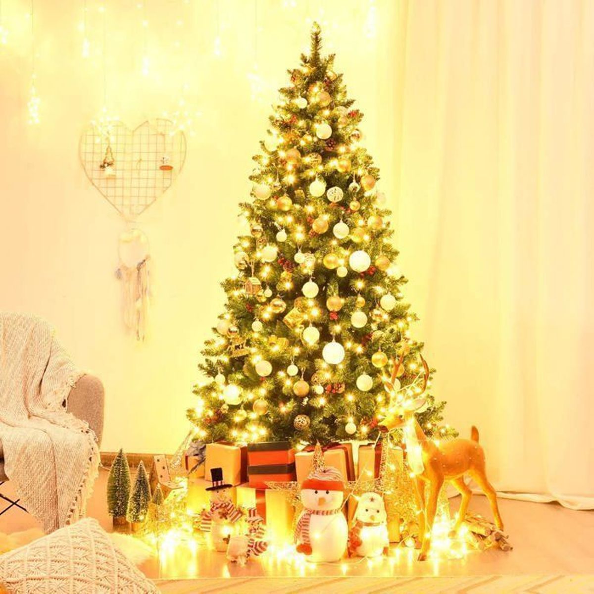 GOPLUS Sapin de Noël Artificiel Lumineux,LED Blanche Chaude,Branches Ignifuge avec Pommes de Pin 