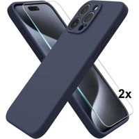 Coque pour iphone 15 pro max + 2 vitres verre trempé coque clear Souple Silicone ultraslim bleu foncé