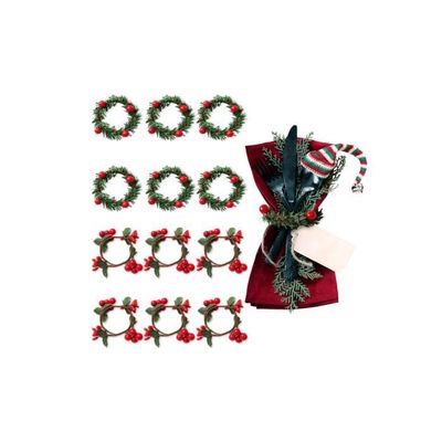 Ziliny Lot de 16 serviettes et anneaux de Noël en coton lavables - 8 ronds de serviette de Noël pour la maison, le dîner, les fêtes de Noël (style rétro