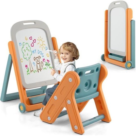DREAMADE Tableau Magnétique pour Enfant Pliable Ajustable en Hauteur avec Roulettes, Boîte de Rangement et Chaise Ergonomique