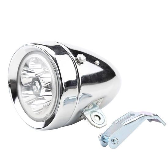 Phare Vélo Vintage à 3 LED – Corps Métal Argenté – Angle 160° – Facile à Installer Sur Frein Ou Fourche