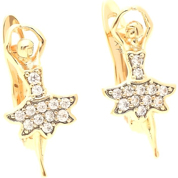 Boucles d'Oreille Dormeuses Danseuse Cristal Blanc Or Jaune 750 Laminé*