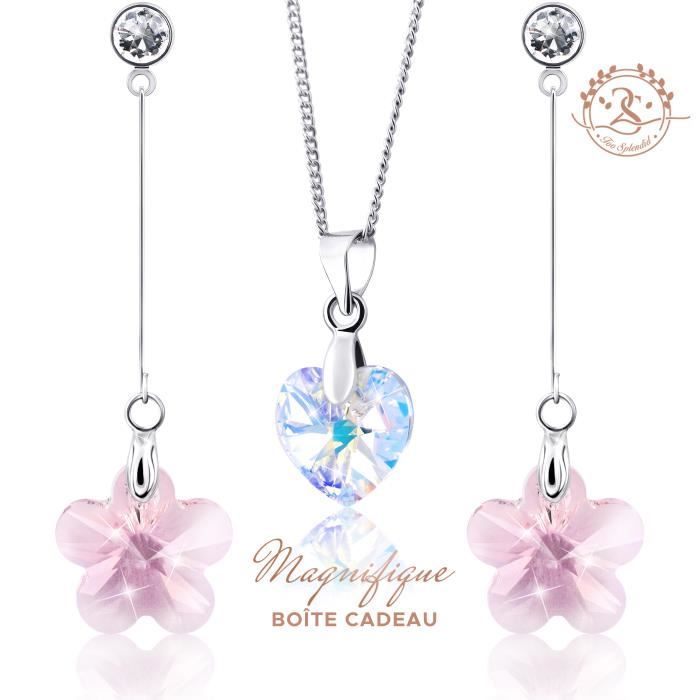 2SPLENDID® Boucles d'Oreilles et Collier ornés de Cristaux Swarovski et baignés dans l'OR Blanc. Magnifique boîte cadeau offerte