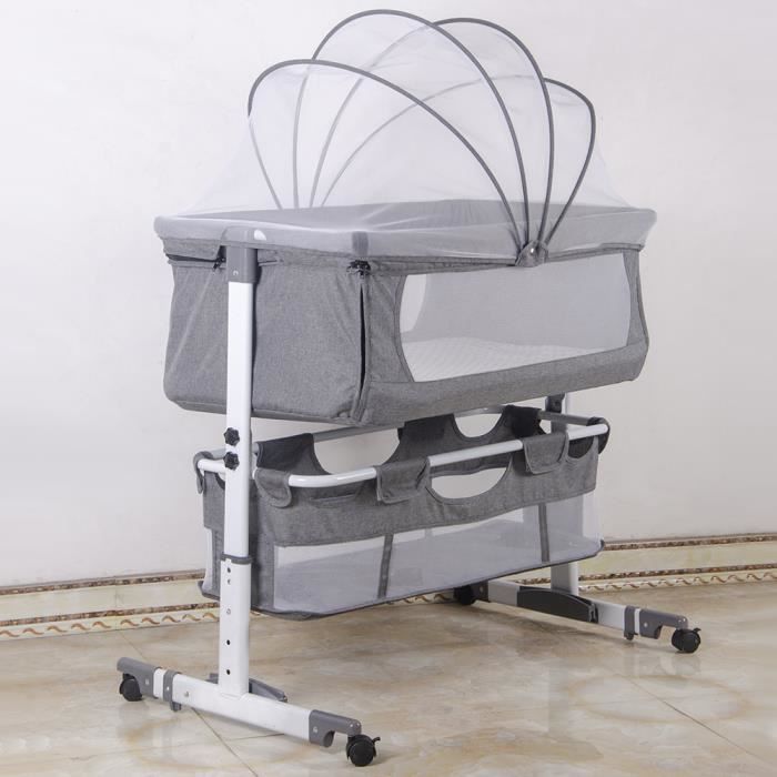 Lit Bébé Cododo à Roulettes Berceau Cododo Structure en Acier Hauteur Réglable 70-87cm