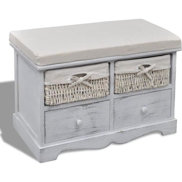 Banc de rangement Coffre rangement Banquette Blanc 62x33x42 cm Bois de paulownia