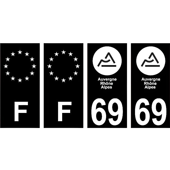 69 Rhône nouveau logo Noir autocollant plaque immatriculation auto ville sticker Lot de 4 Stickers - Angles : droits