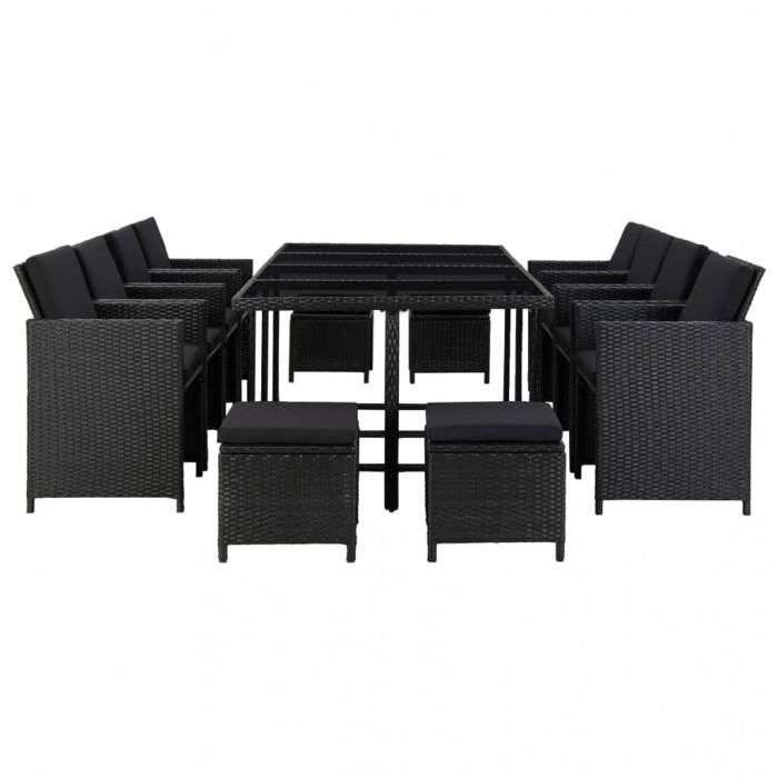 Magnifique Mobilier de jardin 13 pcs avec coussins Resine tressee Noir