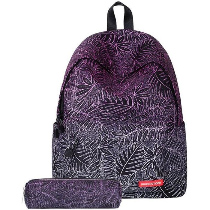 30*17*40cm Cartable avec Trousse à Crayons Impression Floral Sac à Dos Fille Collège Lycée pour Ordinateur Portable Décompression