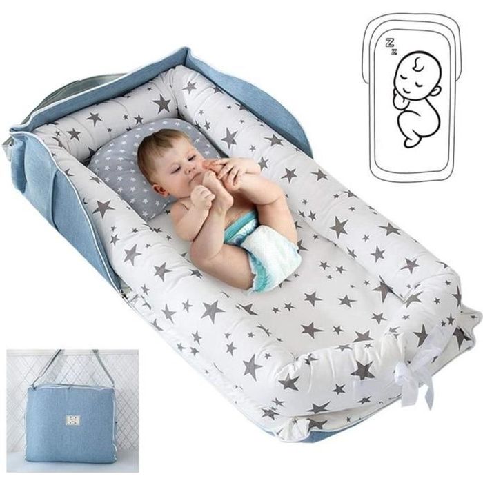 Lit De Bébé Portable avec Oreiller, Berceau Respirant en Coton - Lit De Bébé Pliable pour Chambre/Voyage/Sieste, 90x50x15cm, Blanc