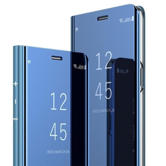 Coque Honor 8X, Bleu Silicone Clear View Brillant Translucide Miroir Support Cuir Élégant Ultra-fin Antichoc