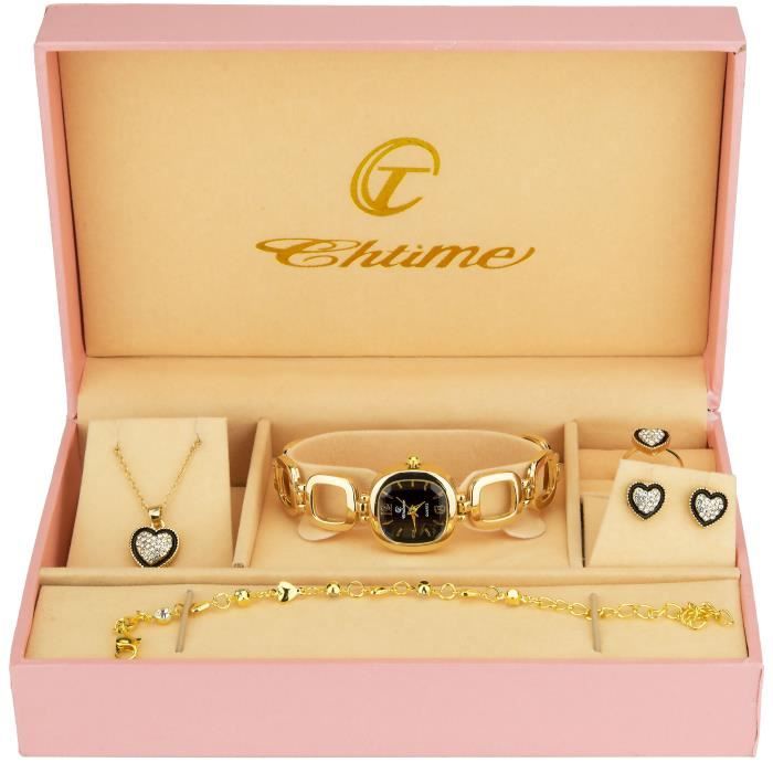 Coffret cadeau Montre Femme Noir - Parure de Bijoux- Collier-Bague- Boucles d'oreilles - Bracelet