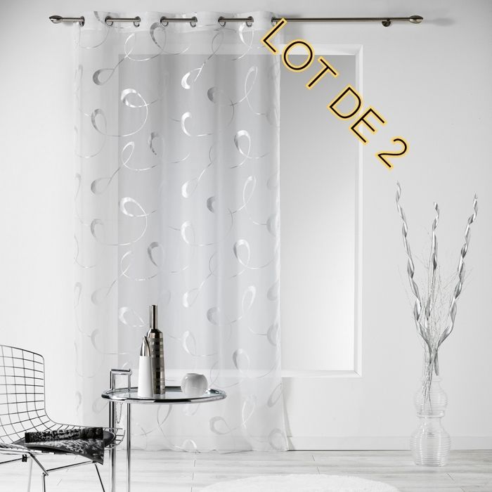 Lot 2 voilages a oeillets 140 x 240 cm voile imprime argent infinity Blanc