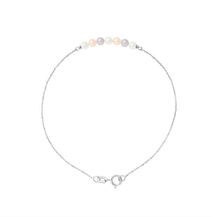 PERLINEA - Bracelet 7 Véritables Perles de Culture d'Eau Douce Rondes 3-4 mm Multicolore - Or Blanc - Bijoux Femme