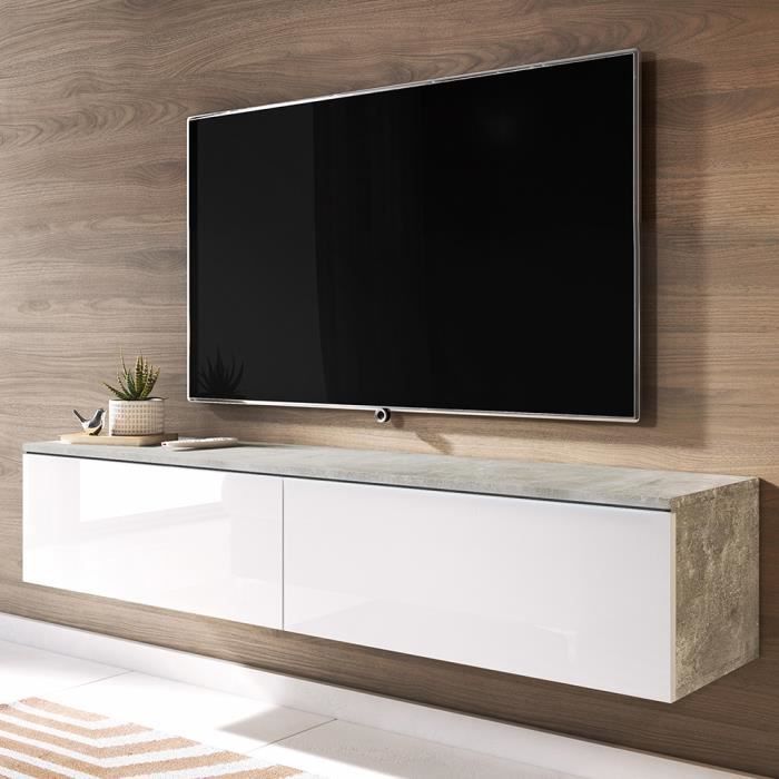 Meuble TV / Meuble de salon - KANE - 140 cm - béton / blanc brillant - sans LED - style moderne