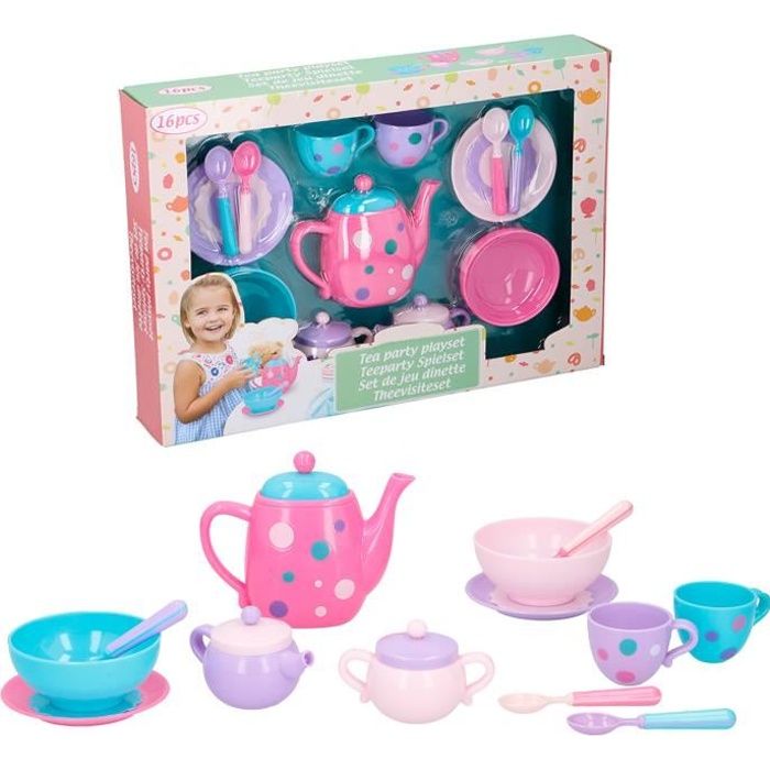 Coffret Dinette 16 Pièces - Service à Thé - Couleurs Originales - Avec théière rose