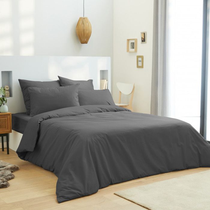 Housse de couette 240 x 220 cm + drap housse 160 x 200 + 4 Taies d'oreiller 2 x 65 x 65 cm et 2 x 50 x 70 cm Anthracite