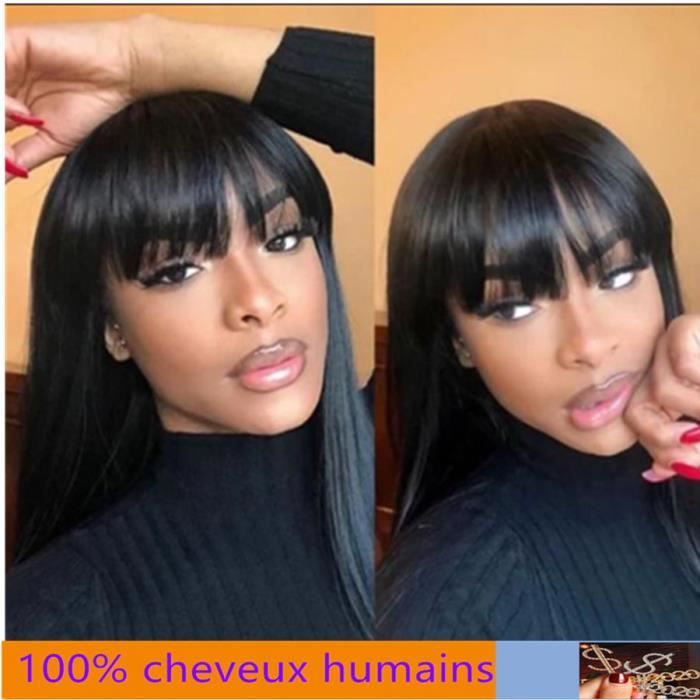 100% cheveux humains Perruque péruvienne Remy naturelle lisse avec frange faite à la Machine Pas de dentelle 22-