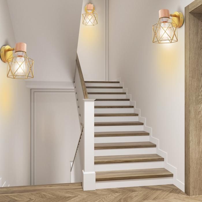 WOTTES Lot de 3 Applique industrielle en bois - Lampe Design Cage Ø14cm - Or Pour Chambre Salon Restaurant WOTTES Lot de 3 Applique industrielle en bois - Lampe Design Cage Ø14cm - Or Pour Chambre Salon Restaurant