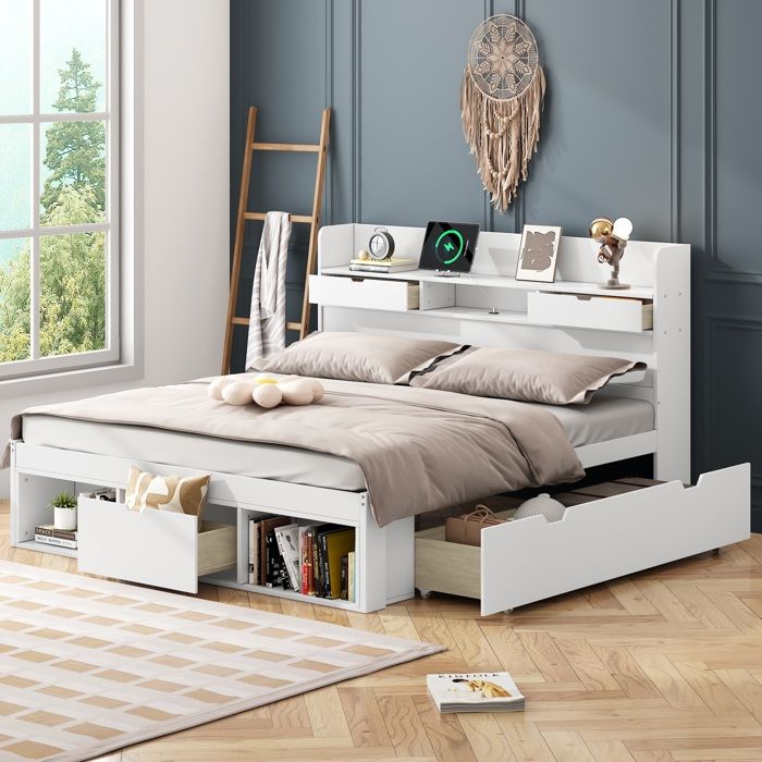 Lit double 180x200cm Lit adulte Lit rangement avec Ports USB 5 