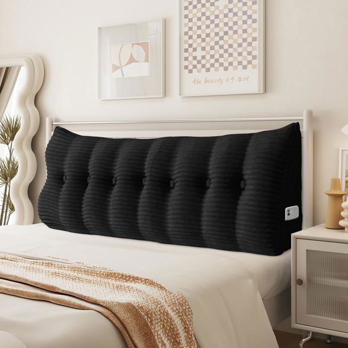 VERCART Coussin de Lecture Cale Dos Coussin à Coins Coussin Incliné velours côtelé Noir 200CM