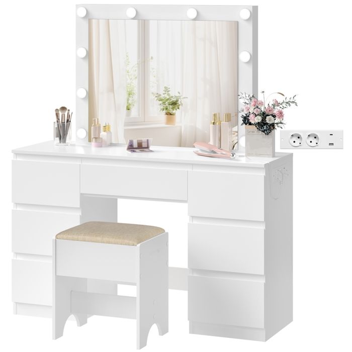 WOLTU Coiffeuse avec Multiprise - Tabouret en lin - Table de Maquillage 7 Tiroirs- Miroir LED Réglable - Blanc