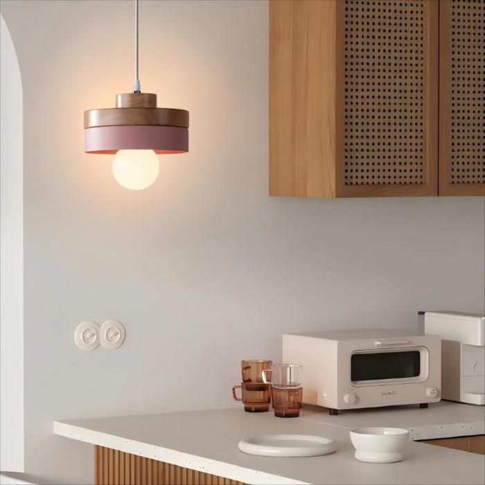 WOTTES Suspension en Bois et Métal - Rose 1pcs - Ø18*10cm - E27 - Design rétro Rond - Éclairage intérieur Lustre Cuisine Salon