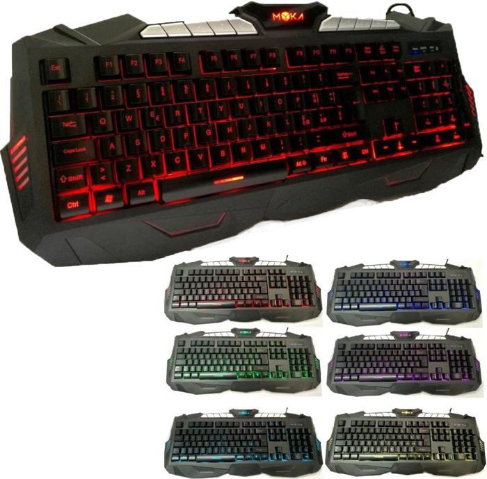 Clavier Gaming Gamer 7 Couleurs Led Multimédias Programmable Multicolore Rétro-Éclairé Touches Gravées Au Laser Anti-Gost Key-