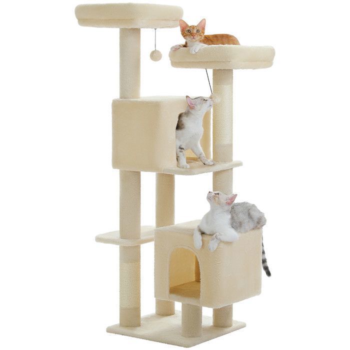 Comparer les prix de PAWZ Road Arbre a Chat Multi-Niveaux, Arbre à Chat avec 2 Condos, 2 Perchoirs & Poteaux Sisal, 133cm, Beige