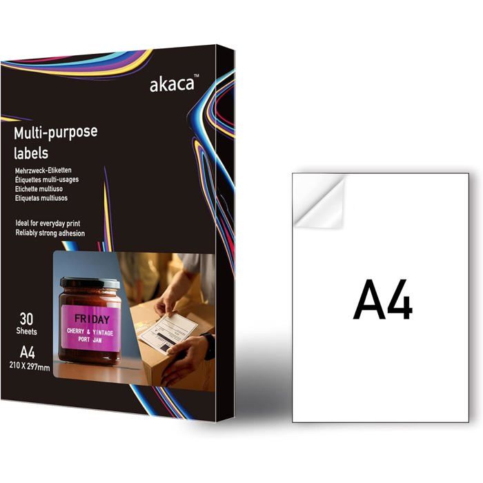 Cartridgeify Papier Autocollant A4 Mat Premium – 80 Feuilles, 1 Étiquette Par Page – Idéal Imprimante Laser & Jet D'Encre – 210x297 Mm