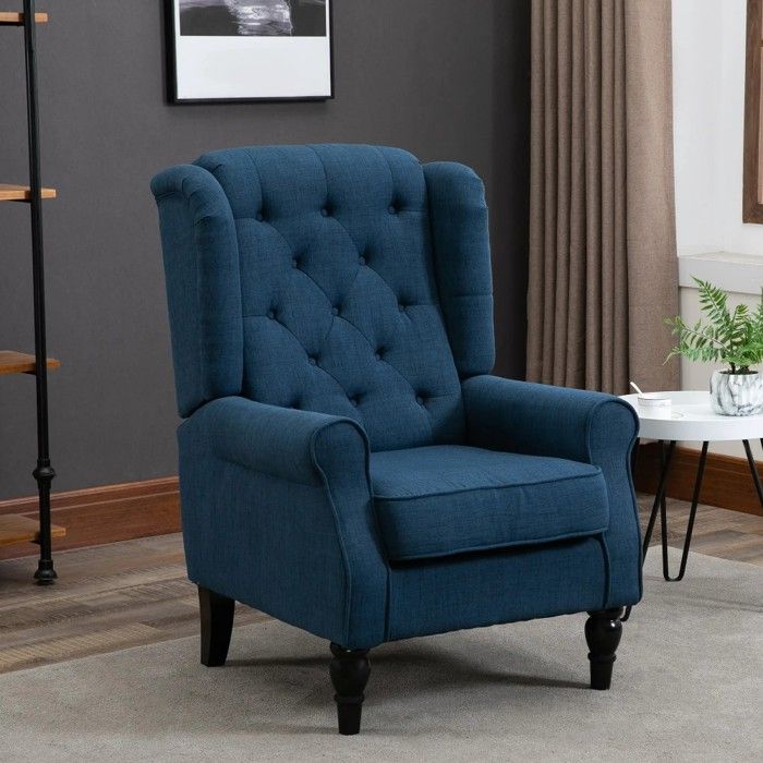 Fauteuil salon capitonné bleu à dossier haut et oreilles accoudoirs arrondis pieds bois pour chambre/salon supporte 160kg Fauteuil salon capitonné bleu à dossier haut et oreilles accoudoirs arrondis pieds bois pour chambre/salon supporte 160kg