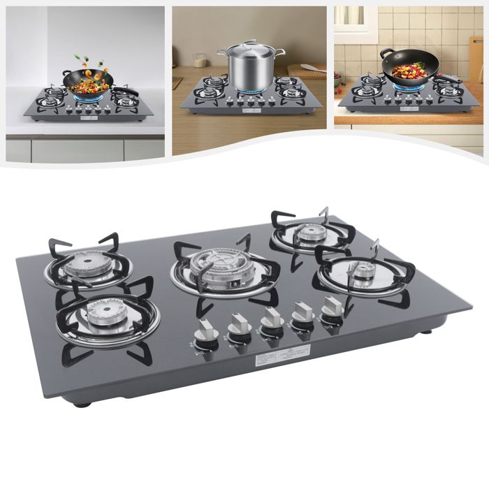 Cuisinière à Gaz Intégrée avec 5 Brûleurs - Plaque Gaz Naturel - Cuisinière à Gaz Naturel - Surface en Verre Trempé - 5 Feux