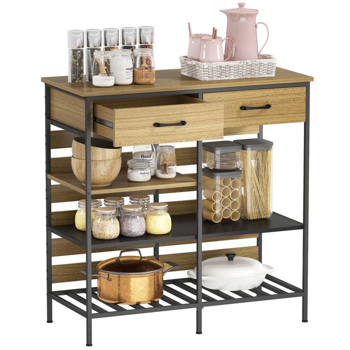 Buffet cuisine - HOMCOM - 2 tiroirs et 3 étagères ouvertes - panneau de particules et acier - 90 x 40 x 91 cm - bois naturel et noir