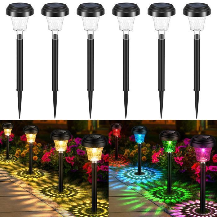 6 Pcs Lampe Solaire Exterieur Jardin Lumiere Solaire Exterieur avec Lumière Chaude et 7 Couleurs RGB Decoration Jardin Exterieur