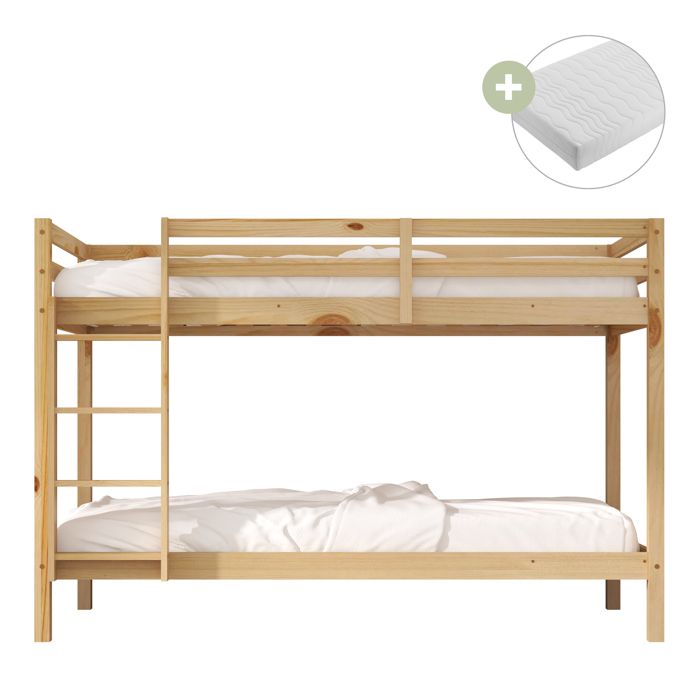 Lit Superposé - SUNNY - Jip - 2 Places - 2 Matelas Hybrides 90x200 - Bois Massif Beige Lit Superposé - SUNNY - Jip - 2 Places - 2 Matelas Hybrides 90x200 - Bois Massif Beige